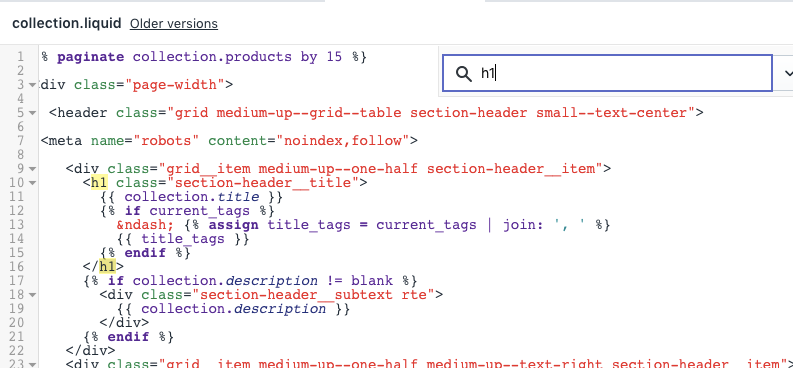 shopify edit code language theme editor untuk mengubah tag judul di halaman
